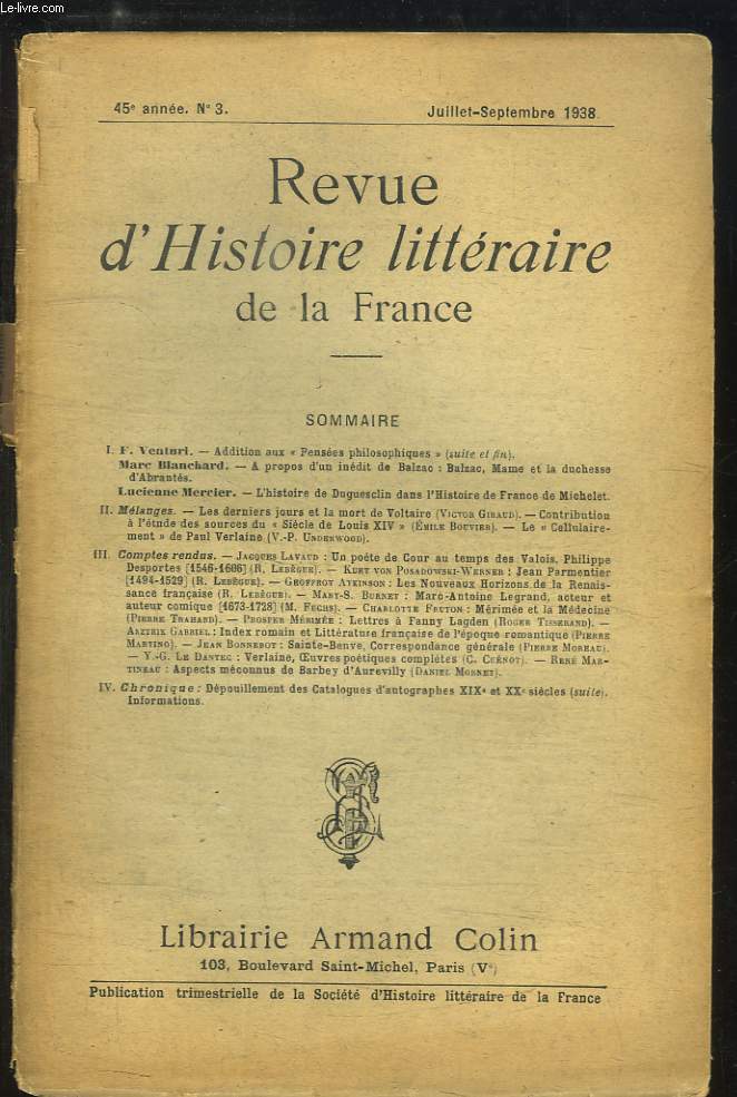 Revue d'Histoire Littraire de la France N3 - 45me anne : Addition aux 