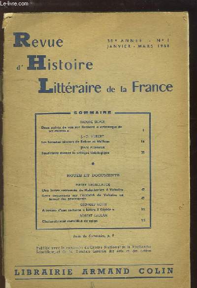 Revue d'Histoire Littraire de la France. N1 - 58e anne : Deux points de vue sur Ronsard 