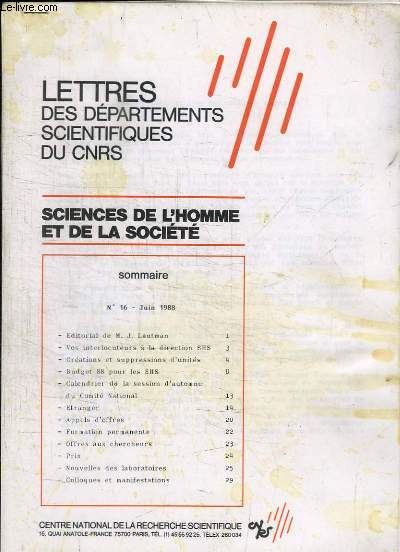 Lettres des dpartements scientifiques du CNRS. Sciences de l'homme et de la socit N