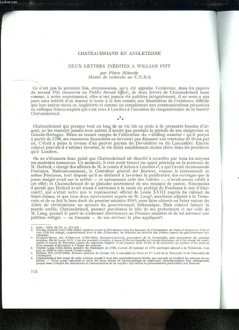 Chateaubriand en Angleterre, 2 lettres indites  William Pitt - Tirage--part du Bulletin de la Socit de Chateaubriand