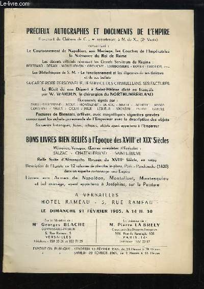 Beaux Livres et Autographes provenant du Chteau de C.... et appartenant  M. de X.... Catalogue de la Vente aux Enchres du 21 fvrier 1965  l'Htel Rameau (Versailles)