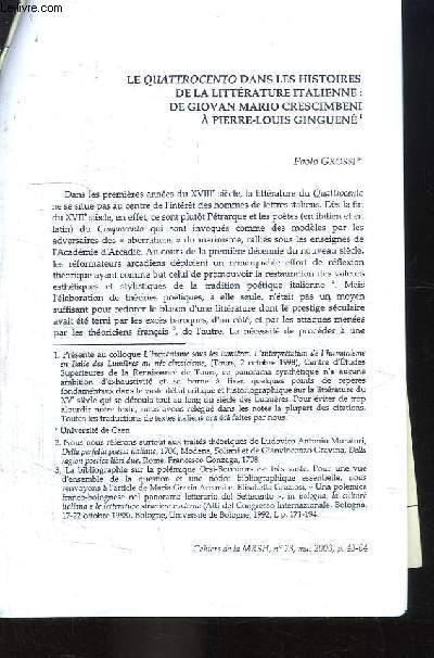 Le Quattrocento dans les histoires de la littrature italienne : De Giovan Mario Crescimbeni  Pierre-Louis Ginguen. (Tirage  part)