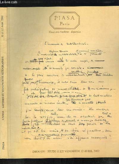 Lettres et manuscrits autographes, Documents historiques. Catalogue de la Vente aux Enchres du 12 avril 2002  l'Htel Drouot.