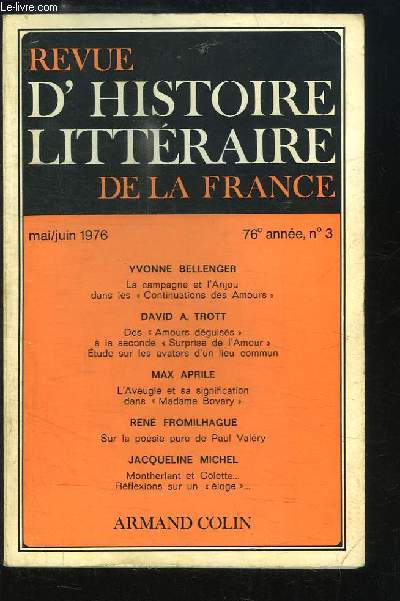 Revue d'Histoire Littraire de la France N3 - 76e anne : La campagne et l'Anjou dans les 