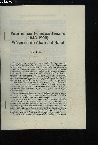 Pour un cent-cinquantenaire (1848 - 1998). Prsence de Chateaubriand