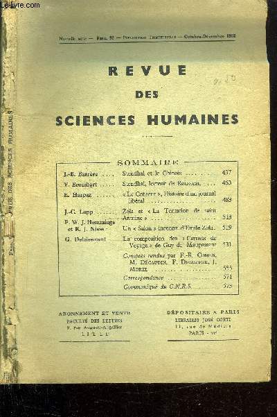 REVUE DES SCIENCES HUMAINES N92 - OCT./DEC. 1958 : STENDHAL ET LE CHINOIS + STENDHAL, LECTEUR DE ROUSSEAU + LE CENSEUR, HISTOIRE D'UN JOURNAL LIBERAL + ZOLA ET 