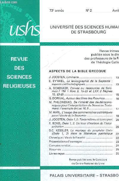 REVUE DES SCIENCES RELIGIEUSES - 73 E ANNEE - N2 - AVRIL 1999 - ASPECTS DE LA BIBLE GRECQUE