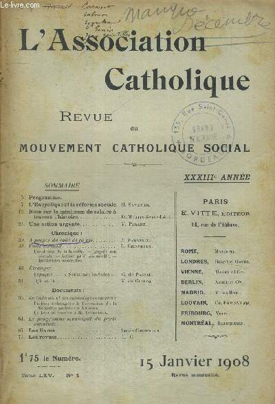 L ASSOCIATION CATHOLIQUE - REVUE DU MOUVEMENT CATHOLIQUE SOCIAL - TOME LXV - N1 - 15 JANVIER 1908 - XXXIII E ANNEE