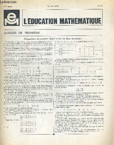 L EDUCATION MATHEMATIQUE N17. 77e ANNEE. 15 MAI 1975 - CLASSES DE TROISIEME