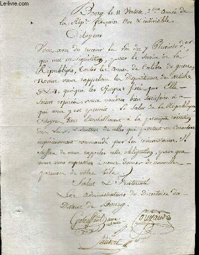 Lettre manuscrite originale, de l'Administrateur du Directoire du District de Bourg, adresse aux Citoyens. Rquisition de toutes les armes de calibre de guerre.