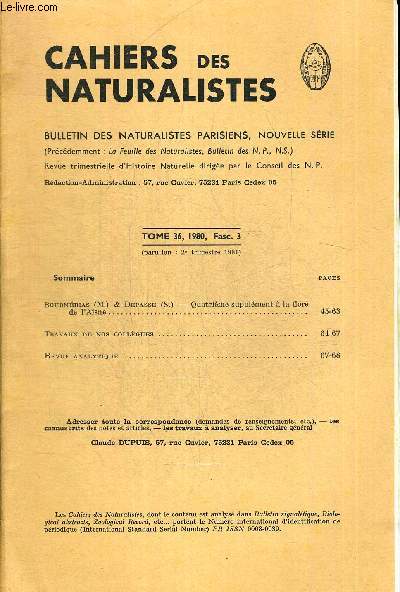 CAHIERS DES NATURALISTES. BULLETIN DES NATURALISTES PARISIENS. TOME 36. 1980 FASC.3 . BOURNERIAS M. & DEPASSE S. - QUATRIEME SUPPLEMENT A LA FLORE DE L AISNE