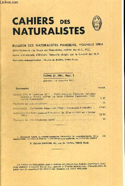CAHIERS DES NATURALISTES. BULLETIN DES NATURALISTES PARISIENS. TOME 37. 1981 FASC.1 . DUPUIS CL. & GENDUSO P. - DEUX DIPTERES PHASIINAE PARASITES NOUVEAUX D AELIA ROSTRATA EN SICILE (DIPTERA TACHINIDEA, HETEROPTERA PENTATOMIDAE)