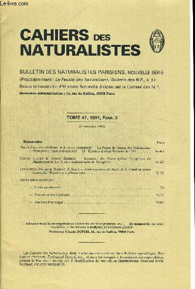 CAHIERS DES NATURALISTES. BULLETIN DES NATURALISTES PARISIENS. TOME 47. 1991 FASC.3 . DELLA GIUSTINA (WILLIAM) & REMANE (REINHARD) - LA FAUNE DE FRANCE DES DELPHACIDAE (HOMOPTERA, AUCHENORRHYNCHA) - III - RECOLTES ET IDENTIFICATIONS DE 1991