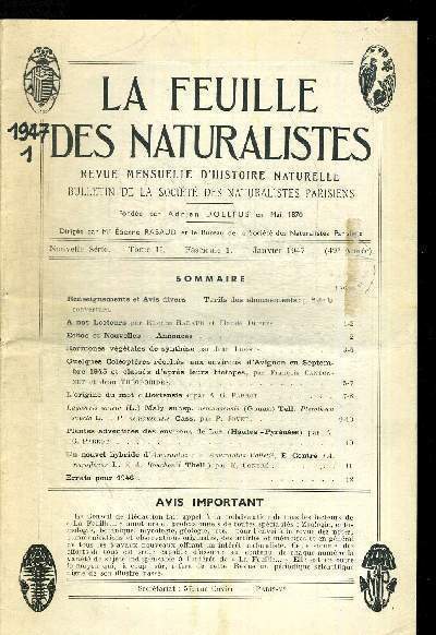 LA FEUILLE DES NATURALISTES. REVUE MENSUELLE D HISTOIRE NATURELLE. BULLETIN DE LA SOCIETE DES NATURALISTES PARISIENS. N1. JANVIER 1947. QUELQUES COLEOPTERES RECOLTES AUX ENVIRONS D AVIGNON EN SEPTEMBRE 1945 ET CLASSES D APRES LEURS BIOTOPES