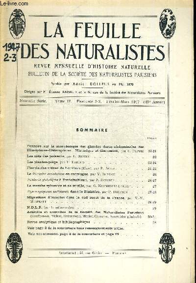 LA FEUILLE DES NATURALISTES. REVUE MENSUELLE D HISTOIRE NATURELLE. BULLETIN DE LA SOCIETE DES NATURALISTES PARISIENS. N2-3. FEVRIER MARS 1947. DONNEES DE LA MORPHOLOGIE DES GLANDES DORSO ABSOMINALES DES HEMIPTERES PAR C. DUPUIS
