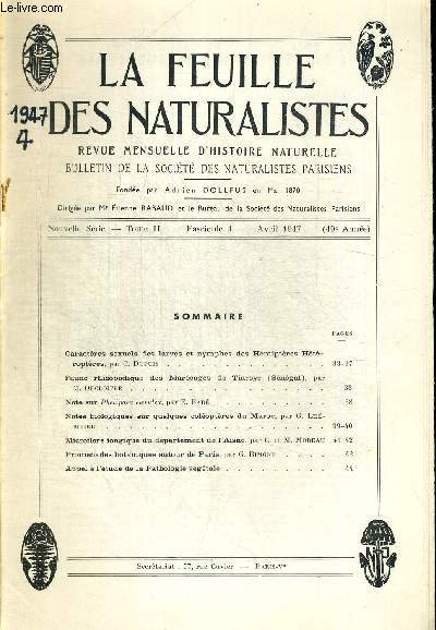 LA FEUILLE DES NATURALISTES. REVUE MENSUELLE D HISTOIRE NATURELLE. BULLETIN DE LA SOCIETE DES NATURALISTES PARISIENS. N4. AVRIL 1947. CARACTERES SEXUELS DES LARVES ET NYMPHES DES HEMISPHERES HETEROPTERES PAR C. DUPUIS