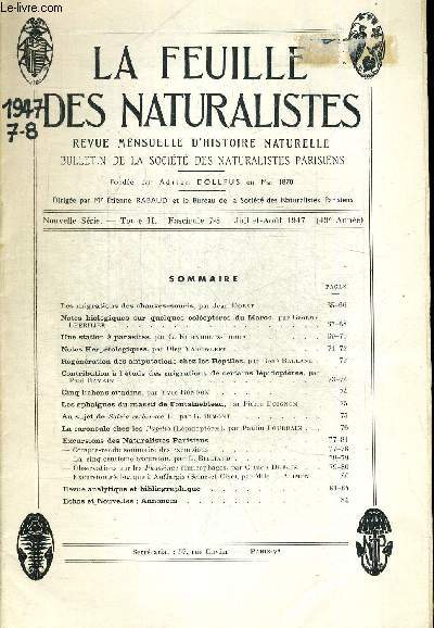 LA FEUILLE DES NATURALISTES. REVUE MENSUELLE D HISTOIRE NATURELLE. BULLETIN DE LA SOCIETE DES NATURALISTES PARISIENS. N°7-8. JUILLET - AOUT 1947. LES MIGRATIONS DES CHAUVES SOURIS PAR JEAN DORST / NOTES BIOLOGIQUES SUE QUELQUES COLEOPTERES DU MAROC