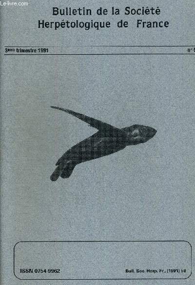 BULLETIN DE LA SOCIETE HERPETOLOGIQUE DE FRANCE. 3eme TRIMESTRE 1991. N59. ESSAI DE SYNTHESE SUR LES CARACTERISTIQUES DEMOGRAPHIQUES DES TRITONS DU GENRE TRITURUS / NOUVELLES OBSERVATIONS SUR L HERPETOFAUNE MAROCAINES 2 / STATUT DE DERMOCHELYS CORIACEA