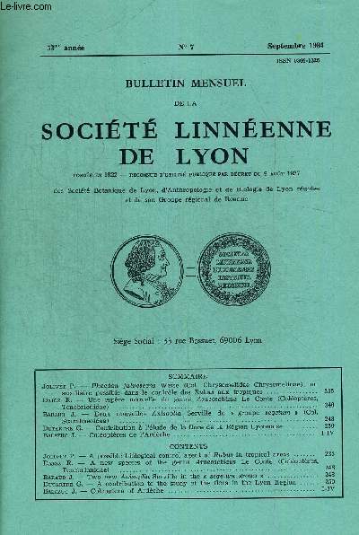 N7. 53eme ANNEE. BULLETIN MENSUEL DE LA SOCIETE LINNEENNE DE LYON. SEPTEMBRE 1984. JOLIVET P. - PHADEON FULVESCENS WEISE UN AUXILLAIRE POSSIBLE DANS LE CONTROLE DES RUBUS AUX TROPIQUES