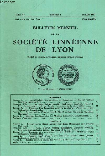 N1. TOME 60. BULLETIN MENSUEL DE LA SOCIETE LINNEENNE DE LYON. JANVIER 1991. BALAZUC J. - LABOULBENIALES (ASCOMYCETES) DE MADAGASCAR ET DES ILES VOISINES (DEUXIEME CONTRIBUTION)