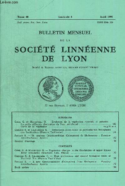 N4. TOME 60. BULLETIN MENSUEL DE LA SOCIETE LINNEENNE DE LYON. AVRIL 1991. GIREL G. ET MANNEVILLE O. - EVOLUTION DE LA VEGETATION RIPARIALE ET PALUSTRE : LES PETITS AFFLUENTS RHODANIENS DU JURA MERIDIONAL. + CARTE DE LA VEGETATION