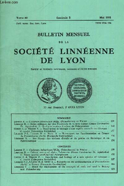 N5. TOME 60. ANNEE. BULLETIN MENSUEL DE LA SOCIETE LINNEENNE DE LYON. LAGARDE F. CYCLAMEN BALEARICUM WILLK. (PRIMULACEES) EN FRANCE.