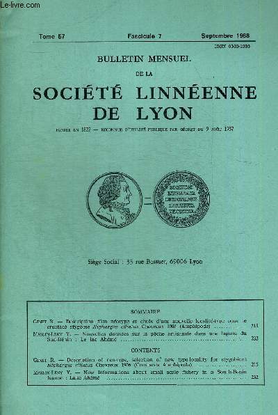 N7. TOME 57 . BULLETIN MENSUEL DE LA SOCIETE LINNEENNE DE LYON. SEPTEMBRE 1988. GINET R. - DESCRIPTION D UN NEOTYPE ET CHOIX D UNE NOUVELLE LOCALITE TYPE POUR LE CRUSTACE STYGOBIE NIPHARGUS CILIATUS CHEVREUX 1906 AMPHIPODE