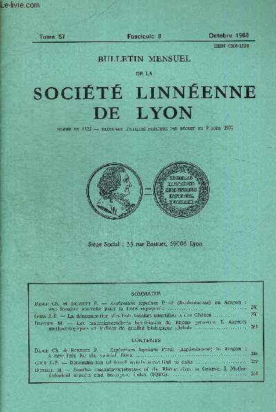 N8. TOME 57 . BULLETIN MENSUEL DE LA SOCIETE LINNEENNE DE LYON. OCTOBRE 1988. BANGE CH. ET BERTHET P. - ASPLENIUM LEPIDUM PRESL ASPLENIACEAE EN ARAGON UNE FOUGERE NOUVELLE POUR LA FLORE ESPAGNOLE