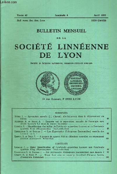 N4. TOME 61 . BULLETIN MENSUEL DE LA SOCIETE LINNEENNE DE LYON. AVRIL 1992. BUSSY J. - SPIRANTHES SPIRALIS CHEVALL. ORCHIDACEAE DANS LE DEPARTEMENT DU RHONE