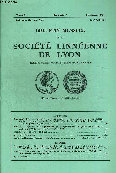 N9. TOME 61 . BULLETIN MENSUEL DE LA SOCIETE LINNEENNE DE LYON. NOVEMBRE 1992. BOURDONNE J. CL. - INVENTAIRE ENTOMOLOGIQUE DES DUNES EOLIENNES ET DE L ETANG DE LA RESERVE NATURELLE DE PONT SEILLE LA TRUCHERE RATERNELLE SAONNE ET LOIRE 1. COLEOPTERA