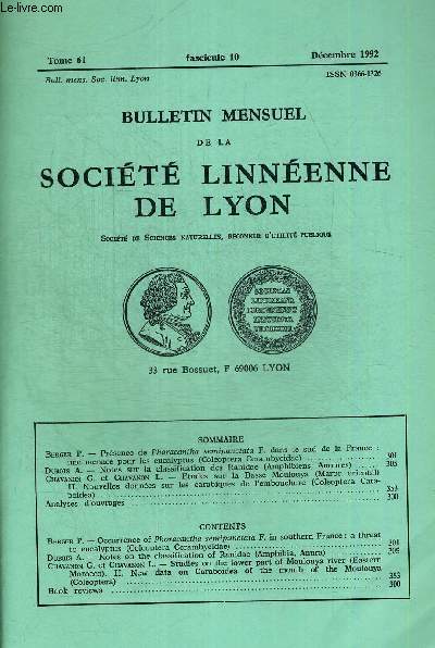 N10. TOME 61 .BULLETIN MENSUEL DE LA SOCIETE LINNEENNE DE LYON. BERGER P. - PRESENCE DE PHORACANTHA SEMIPUNCTATA F. DANS LE SUD DE LA FRANCE : UNE MENACE POUR LES EUCALYPTUS COLEOPTERA CERAMBYCIDAE