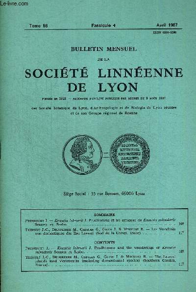 N4. TOME 56 . BULLETIN MENSUEL DE LA SOCIETE LINNEENNE DE LYON. AVRIL 1987. PRUDHOMME J. - KNAUTIA LEBRUNII J. PRUDHOMME ET LES ERRANCES DE KNAUTIA SALVADORIS SENNEN EX SZABO