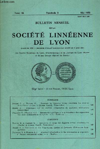 N5. TOME 55. BULLETIN MENSUEL DE LA SOCIETE LINNEENNE DE LYON. MAI 1986. DROUET E. ET MANZONI G. - PRESENCE DE ZYGAENA BRIZAE VESUBIANA LE CHARLES DANS L ISERE ET DANS LA DROME LEPID. ZYGAENIDAE