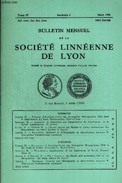 N3. TOME 59. BULLETIN MENSUEL DE LA SOCIETE LINNEENNE DE LYON. MARS 1990. GIRARDI H. - PRESENCE D AVENIONA BRVIS SSP. BERENGUIERI (BOURGGUIGNAT 1882) DANS LE DEPARTEMENT DU GARD (GASTEROPODES HYDROBIIDAE)