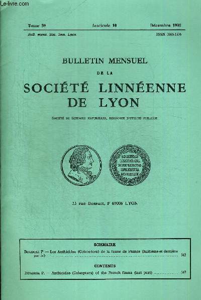 N10. TOME 59. BULLETIN MENSUEL DE LA SOCIETE LINNEENNE DE LYON. DECEMBRE 1990. BONADONA P. - LES ANTHICIDAE (COLEOPTERA) DE LA FAUNE DE FRANCE (8e ET DERNIERE PARTIE)