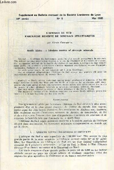 N5. 54e ANNEE. BULLETIN MENSUEL DE LA SOCIETE LINNEENNE DE LYON. MAI 1985. L AFRIQUE D USUD FABULEUSE RESERVE DE MINERAIS STRATEGIQUES PAR ALEXIS CHERMETTE