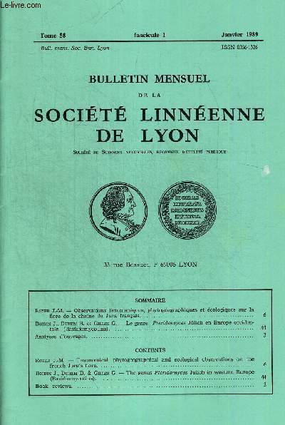 N1. TOME 58. BULLETIN MENSUEL DE LA SOCIETE LINNEENNE DE LYON. JANVIER 1989. ROYER J. M. - OBSERVATIONS TAXONOMIQUES, PHYTOGEOGRAPHIQUES ET ECOLOGIQUES SUR LA FLORE DE LA CHAINE DU JURA FRANCAIS