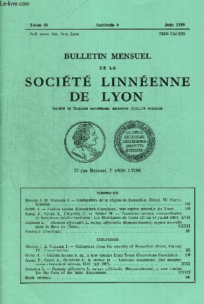 N6. TOME 58. BULLETIN MENSUEL DE LA SOCIETE LINNEENNE DE LYON. JUIN 1989. MOULIN J. ET VIALLIER J. - COLEOPTERES DE LA REGION DE ROUSSILLON (ISERE) IV. CURCULIONIDAE