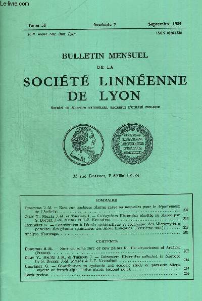 N7. TOME 58. BULLETIN MENSUEL DE LA SOCIETE LINNEENNE DE LYON. SEPTEMBRE 1989. DESCOINGS B.M. - NOTE SUR QUELQUES PLANTES RARES OU NOUVELLES POUR LE DEPARTEMENT DE L ARDECHE
