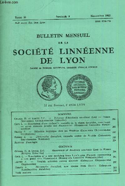 N9. TOME 58. BULLETIN MENSUEL DE LA SOCIETE LINNEENNE DE LYON. NOVEMBRE 1989. GIRARDI H. ET LEDOUX J.C. - PRESENCE D ANODONTA WOODIANA (LEA) EN FRANCE MOLLUSQUES LAMELLIBRANCHES UNIONIDAE)