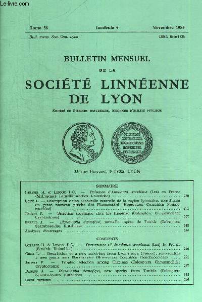 N9. TOME 58. BULLETIN MENSUEL DE LA SOCIETE LINNEENNE DE LYON. NOVEMBRE 1989. GIRARDI H. ET LEDOUX J.C. - PRESENCE D ANODONTA WOODIANA (LEA) EN FRANCE(MOLLUSQUES LAMELLIBRANCHES UNIONIDAE
