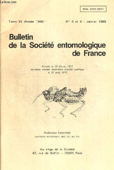 TOME 93. N 5 ET 6 - JANVIER 1989. BULLETIN DE LA SOCIETE ENTOMOLOGIQUE DE FRANCE. BOULARD - NOUVELLE ESPECE DE CIGALE DE LA REUNION (TIBICENIDAE GYMNOTYMPANINI)