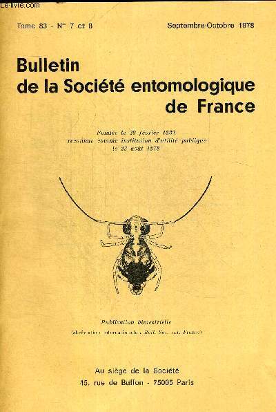 TOME 83. N 7 ET 8. SEPTEMBRE OCOTBRE 1978. BULLETIN DE LA SOCIETE ENTOMOLOGIQUE DE FRANCE. L ELEVAGE D UNE ESPECE EN VOIE D EXTINCTION EN VUE D ASSURER SA PROTECTION SELLAECARABUS OLYMPIAE