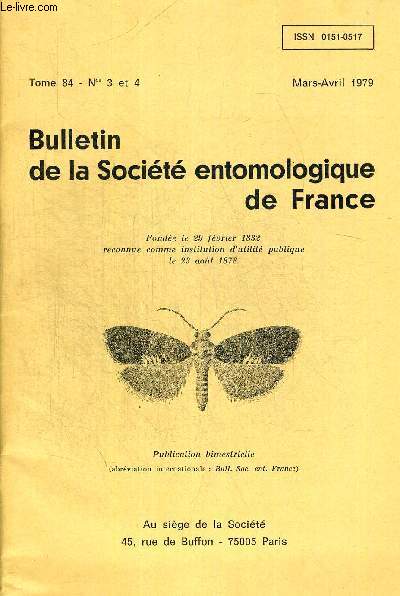 TOME 84. N 3 ET 4. MARS AVRIL 1979. BULLETIN DE LA SOCIETE ENTOMOLOGIQUE DE FRANCE. LA DETERMINATION DES OMOCESTUS DE LA FAUNE DE FRANCE / ECTOPSOCUS THIBAUDI DU DEPARTEMENT DE LA GUADELOUPE AVEC REMARQUES SUR LE GROUPE HIRSUTUS