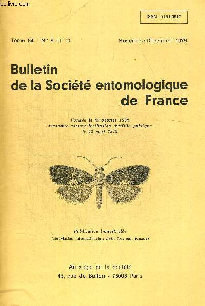 TOME 84. N 9 ET 10. NOVEMBRE DECEMBRE 1979. BULLETIN DE LA SOCIETE ENTOMOLOGIQUE DE FRANCE. COLEOPTERES COLYDIIDAE NOUVEAUX OU PEU CONNUS DES ENVIRONS DE SAIGON / REDESCRIPTION DE STILOBEZZIA (NEOSTILOBEZZIA) CALCARATA