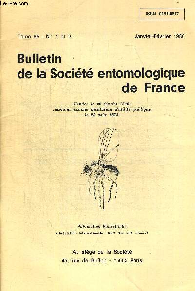 TOME 85. N 1 ET 2. JANVIER FEVRIER 1980. BULLETIN DE LA SOCIETE ENTOMOLOGIQUE DE FRANCE. NOTES ET DESCRIPTIONS CONCERNANT QUELQUES MICROCORYPHIA AFRICAINS / LES ADORIUM DE FABRICIUS SYSTEMATIQUE ET SYNONYMIES