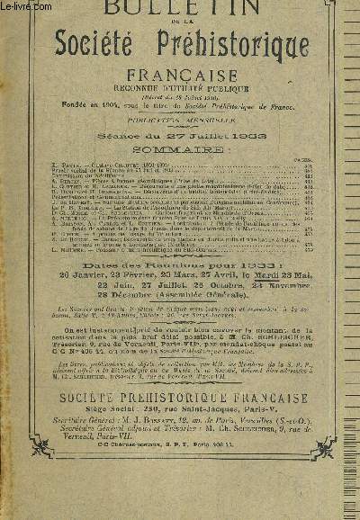 BULLETIN DE LA SOCIETE PREHISTORIQUE FRANCAISE. T. XXX. N7 -8. JUILLET AOUT 1933.