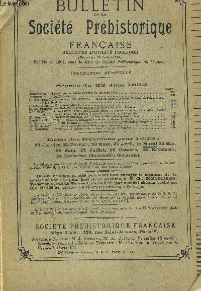 BULLETIN DE LA SOCIETE PREHISTORIQUE FRANCAISE. T. XXX. N6. JUIN 1933.