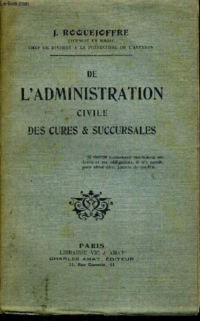 DE L'ADMINISTRATION CIVILE DES CURES & SUCCURSALES
