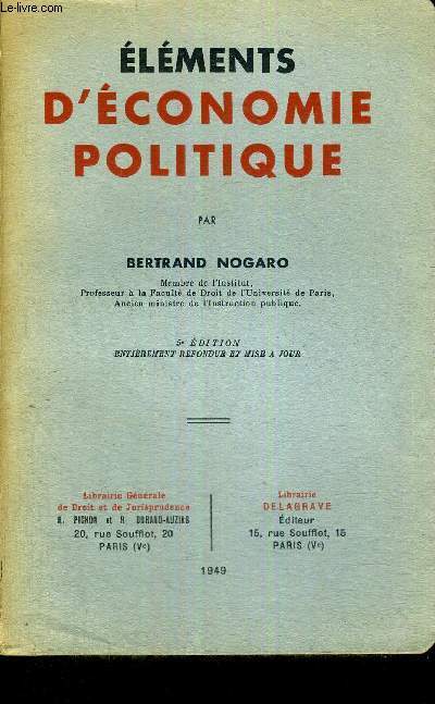 ELEMENTS D'ECONOMIE POLITIQUE - 5E EDITION